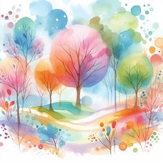 watercolor painting of trees with colorful colors