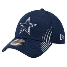 Top things off with a bold display of your enthusiasm for the Dallas Cowboys by snagging this Active 39THIRTY flex hat from New Era. It features a bold Dallas Cowboys applique embroidered on the front panels and eye-catching slashes where the crown and bill meet for a slick, fan-forward look. The stretch design ensures the cap rests comfortably on the head, while the curved bill provides a classic look to finish things off. Navy Curved Brim Hat For Game Day, Navy Fan Gear Cap, Navy Cap For Fan Gear, Navy Fan Merchandise Cap, Navy Game Day Cap, Blue Curved Bill Hat For Fans, Blue Curved Bill Hat For Fan Gear, Cowboy Applique, Dallas Cowboys Gear