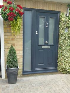 a blue front door with two potted plants next to it