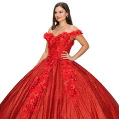 Prepare To Be The Belle Of The Ball In This Extraordinary Gown. The Striking Ball Gown Silhouette Exudes Regality And Grandeur, Making It The Perfect Choice For Quinceanera Celebrations, Formal Events, And Special Occasions Where You Want To Make An Unforgettable Impression. Length: Long Color: Red Neckline: Sweetheart Silhouette: Ball Gown Sleeve: Off Shoulder Sleeves Back: Lace Up Skirt: Layered Embellishments: Floral Applique, Rhinestones Occasion: Romantic Date/Evening/Dinner, Wedding/Brides Glitter Skirt, Windsor Dresses Prom, Lace Up Back Dress, Off Shoulder Ball Gown, Off Shoulder Sleeves, Glitters Skirt, Green Formal Dresses, Sage Green Bridesmaid Dress, Red Sequin Dress