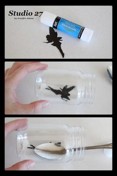 three images showing how to make a shadow bird in a jar with toothbrushes