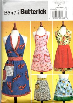 three aprons and two dresses are shown on the front of a sewing pattern for butterick