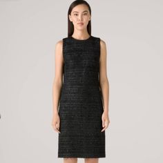 The Metallic Eyelash Tweed Knit Dress By St. John Is Cut In A Fitted Sheath Silhouette. Round Neck Sleeveless Back Zip Closure Lining: 100% Polyester Dry Clean Imported Length: 40" Bust: 38.25" Waist: 34" Hips: 40.25" **New Without Tags** Black Tweed Evening Dress, Black Wool Evening Dress, Black Wool Dress For Evening, Black Knee-length Tweed Dress For Evening, Black Fitted Tweed Dress, Black Sleeveless Tweed Dress, Sleeveless Black Tweed Dress, Gold Shimmer Dress, Knit Tweed