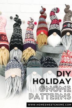 several gnome hats with text overlay that says diy holiday gnome patterns