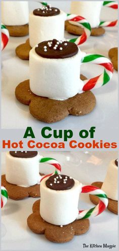 some cookies and marshmallows are stacked on top of each other with the words a cup of hot cocoa cookies