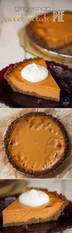 three different views of a pie with whipped cream on top and chocolate crust in the middle