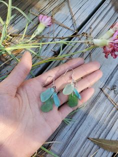 "This pair of earrings features 6 pieces of small sized green and blue beach found sea glass (each piece is different shapes and tones). The weight is not heavy, comfortable to wear. The dangle drop part is about 1\" to 1 1/2\" long the 1/2\" to 3/4\" wide. All the metal is stainless steel (unless you choose the \"sterling silver hooks\" in the option, in this case the hooks will be made with sterling silver wire, soldered, the loops connecting each piece of sea glass will still be stainless ste Green Aqua, Sea Glass Earrings, Blue Beach, Pretty Gift, Sea Glass Jewelry, Aqua Green, Glass Earrings, Green And Blue, Silver Wire