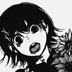 a black and white drawing of a girl holding a flower