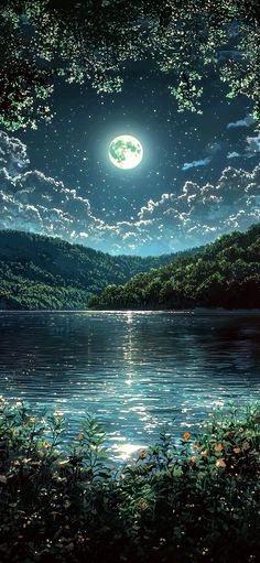 a full moon is shining over the water