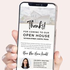 a person holding up an iphone with the text thank you for coming to our open house