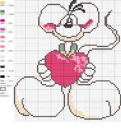 a cross stitch pattern with a cartoon character holding a heart