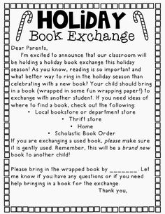 a holiday book exchange is shown in black and white