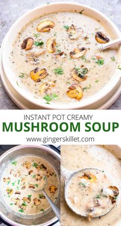 mushroom soup in a bowl with spoons on the side and an image of mushrooms