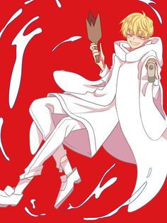 an anime character with blonde hair holding a spatula in one hand and a knife in the other