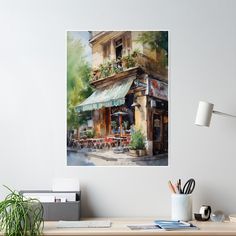 a watercolor painting of a coffee shop on the side of a building in paris