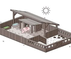 an illustration of a barn with a pig in it's yard and sun above