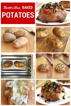 there are many pictures of baked potatoes on the table with text overlay that says potato oven baked potatoes