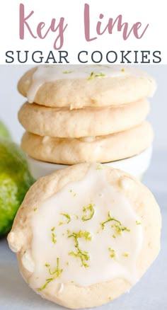 key lime sugar cookies with icing on the top and one in the middle next to it