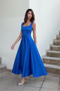 Chic and elegant midi length dress with wide straps in Electrician. The neckline decorated with rhinestones makes the dress really special. Will fit nicely to every body shape. Invisible Zip Fastener. Chic And Elegant, Solid Color Dress, Color Dress, Invisible Zip, Midi Length Dress, Wide Straps, Body Shape, Dresses Xs, Skirt Length