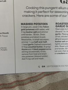 a close up of a menu with instructions on how to make potato salad in the oven