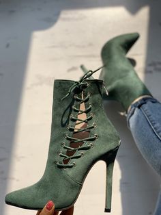 Trendy Green Lace-up Boots, Green Leather High Heel Boots, Green Ankle-high Heeled Boots For Spring, Spring Green High-heeled Boots, Green Leather Boots, Green Lace-up Boots With Reinforced Heel, Leather Boots For Women, Unique Boots, Green Boots