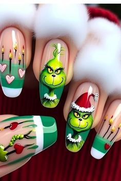 Grinch Nails have become a popular trend for those seeking Christmas art designs that are fun and a little mischievous. This simple yet bold look is perfect for both short and acrylic nails, making it a versatile choice for many. Whether you're looking for something easy to create at home or want a professional touch, this design will impress. Perfect for the holiday season, Grinch Nails add a touch of Christmas magic with a modern twist, ensuring your nails are the talk of every festive gathering. Grinch Themed Nails, Grinch Inspired Nails, The Grinch Nail Art, Disney Christmas Nails Design, Easy Christmas Art, Anna Nails, Spider Webs Halloween, Nails For Beginners, Grinch Nails