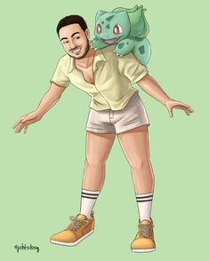 a drawing of a man with a pokemon on his back