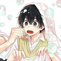 an anime character is blowing bubbles in the air