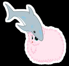 a pink and gray sticker with a shark on it's head, in front of a white background