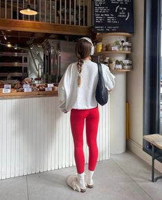 Follow me for more inspo! Running errands, workout, comfy athletic fit, red leggings, Adanola varisty crewneck sweatshirt Cute Athletic Outfit, Fall Cozy Outfit, Red Leggings Outfit, Crewneck Outfits, Pilates Fashion, Cute Running Outfit, Pilates Outfit, Athletic Outfit, Red Leggings