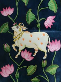 a painting of a cow standing on top of flowers