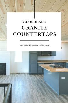 an empty kitchen with blue cabinets and wood floors is featured in this postcard for granite countertops