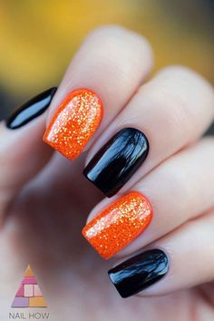 Glitter and gloss with a spooky twist! These orange and black nails are perfect for Halloween, offering a dazzling look that’s simple yet striking. Ideal for anyone wanting to add some sparkle to their spooky season. Check out nailhow.com for more ideas! 🧡 Save this pin! Easy Fall Manicure Ideas, Halloween Nail Polish Colors, Halloween Nails Gel Polish, Halloween Easy Nail Art, Cute Short Halloween Nail Designs, Halloween Nexgen Nails, Halloween Nails Plain Colors, Short Gel Nails Inspo Fall, Very Simple Halloween Nails