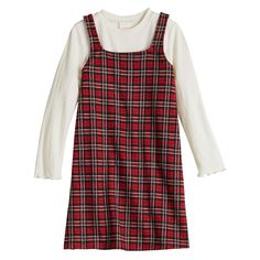 Give her cool weather wardrobe a stylish refresh with this girls' long sleeve tee and plaid dress ensemble from Jumping Beans. Click on this KIDS APPAREL & SHOES GUIDE to find the perfect fit and more! Give her cool weather wardrobe a stylish refresh with this girls' long sleeve tee and plaid dress ensemble from Jumping Beans. Click on this KIDS APPAREL & SHOES GUIDE to find the perfect fit and more! FEATURES Includes t-shirt & dress T-shirt: crewneck, long sleeves Dress: square neck, sleeveless Clothes Guide, Shoes Guide, Dress Square Neck, Dress T Shirt, Long Sleeves Dress, Jumping Beans, Sleeves Dress, Dress Set, Plaid Dress