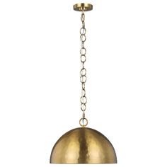 a brass colored pendant light with chain hanging from the bottom, on an isolated white background