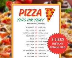 a pizza menu with the words pizza this or that on it