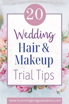 the words 20 wedding hair and makeup tips are in front of a white background with pink flowers