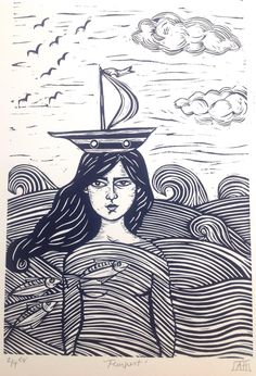 a black and white drawing of a woman with a sailboat on her head in the ocean