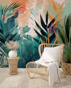 a tropical wallpaper with palm leaves and plants in front of a white chair next to a wicker basket