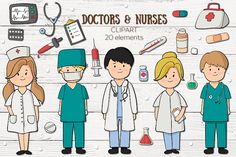 doctors and nurses clipart with medical supplies on the wall behind them, along with an illustration of nurse's staff