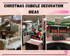 christmas cubicle decoration ideas for office and home decorating with text overlay that reads, christmas cubicle decoration ideas