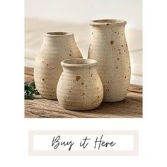 three vases sitting on top of a wooden table next to each other with the words buy it here