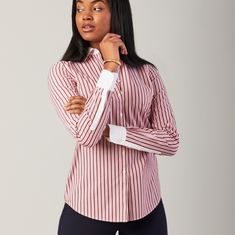 New York & Co Striped Shirt Lightweight, Soft Material For Comfort Pointed Collar Button Down Cuff Sleeves ,98% Cotton 2% Spandex Bust:22" Waist 18" Length: Classic Pink Top With Striped Collar, Red Shirt With Striped Collar For Spring, Fitted Button-up Top With Striped Collar, White Top With Striped Collar For Workwear, Classic Red Cotton Blouse, Classic Red Top With Striped Collar, Classic Red Workwear Top, Green Lace Blouse, Silk Blouses