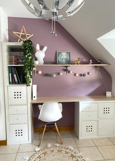 a room with a desk, shelves and decorations on the wall next to an area rug