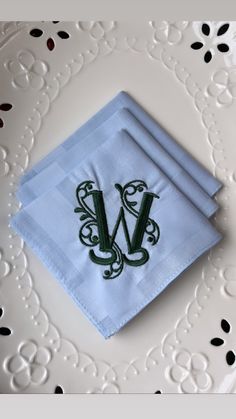 "Your choice of monogram/s embroidered on 3 Light Blue 100% cotton Handkerchiefs. This listing is for 3 personalized handkerchiefs, perfect for the guy in your life. These handkerchiefs are made with soft 100% cotton. Each soft to the touch handkerchief measures about 15\" x 15\". When ordering please let me know the following: -Initial/s >please note - only one letter per handkerchief fits because of the size of this font. However you may choose a different letter for each handkerchief.< -Threa Classic Blue Cotton Handkerchiefs, Blue Handkerchief, Personalized Handkerchiefs, Embroidered Wall Art, Embroidered Handkerchief, Embroidered Initials, S Monogram, Personalized Embroidery, Groom Gift