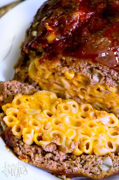 the meatloaf is covered with macaroni and cheese, and it's ready to be eaten