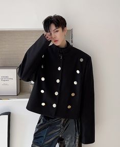 Complete the look with a black shirt and pants. Perfect for glam nights Stand-up collar Full-length sleeves Modern Winter Party Outerwear, Black Evening Outerwear With Button Cuffs, Black Evening Outerwear With Buttons, Black Buttoned Outerwear For Night Out, Black Fluffy Jacket, Male Suit, Exo Fashion, Exo L, Short Blazer