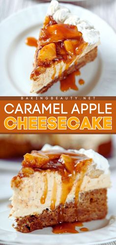 Learn how to make Caramel Apple Cheesecake! This fall food recipe features a cinnamon blondie crust. Topped with cinnamon apples and a caramel drizzle, this caramel cheesecake is a perfect Thanksgiving dessert idea!