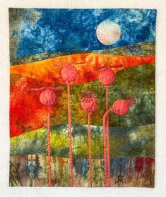 an abstract painting with pink flowers in the foreground and a full moon in the background