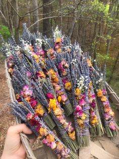 a bunch of dried flowers sitting on top of a wooden crate in the woods with someone's hand holding it